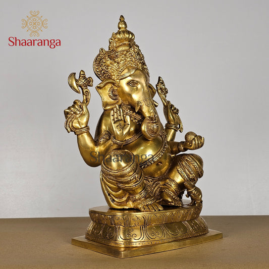 15 Inches Brass Ganesha with Crown -  Right Trunk