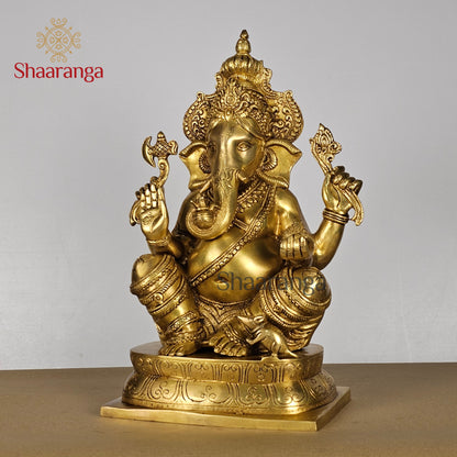 15 Inches Brass Ganesha with Crown -  Right Trunk