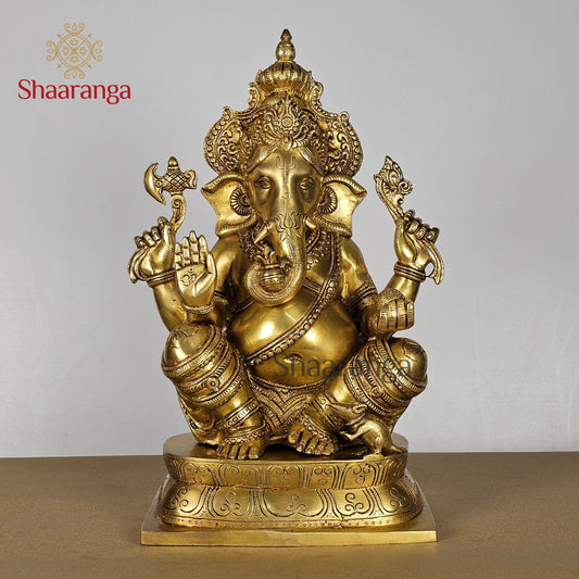 15 Inches Brass Ganesha with Crown -  Right Trunk