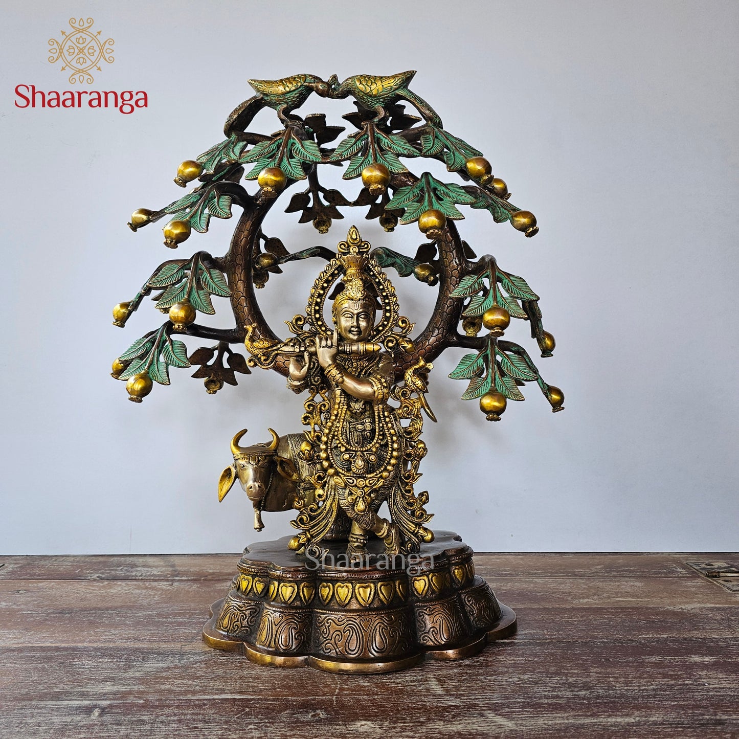 21 Inches Brass Cow Krishna with Tree