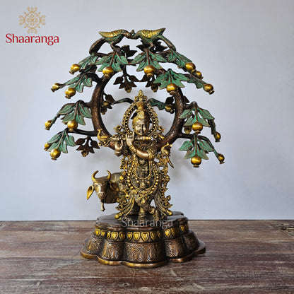 21 Inches Brass Cow Krishna with Tree