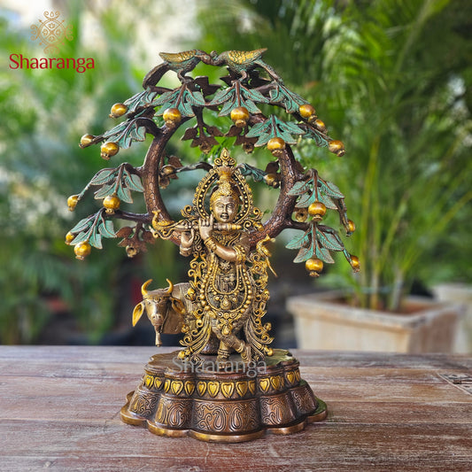 21 Inches Brass Cow Krishna with Tree