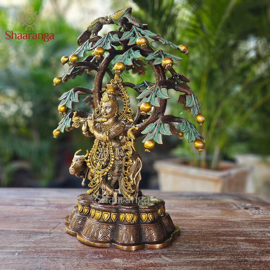 21 Inches Brass Cow Krishna with Tree