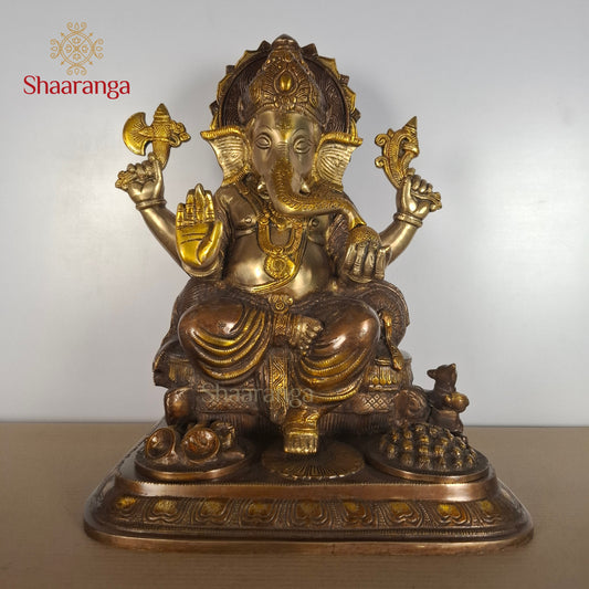 18 Inches Majestic Three-Tone Brass Ganesha with Sacred Offerings
