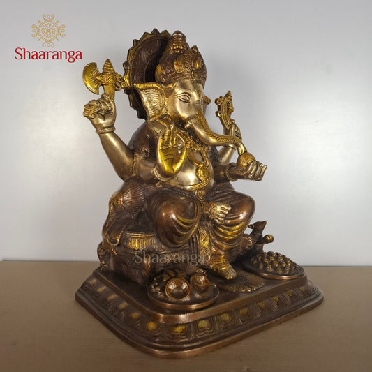18 Inches Majestic Three-Tone Brass Ganesha with Sacred Offerings