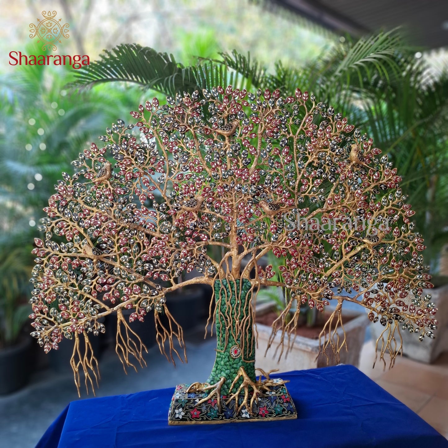 37 Inches Brass Tree of Life with Multicolour Gemstone Leaves & Birds | Luxury Wall Art Décor