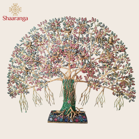 37 Inches Brass Tree of Life with Multicolour Gemstone Leaves & Birds | Luxury Wall Art Décor