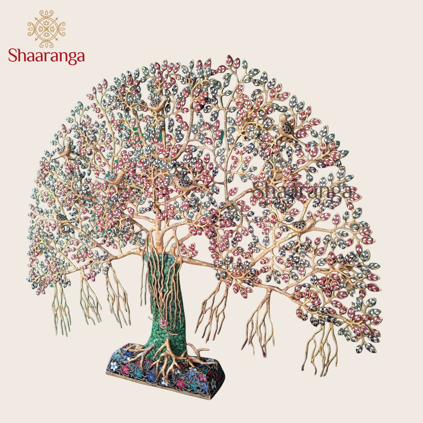 37 Inches Brass Tree of Life with Multicolour Gemstone Leaves & Birds | Luxury Wall Art Décor