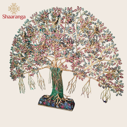 37 Inches Brass Tree of Life with Multicolour Gemstone Leaves & Birds | Luxury Wall Art Décor