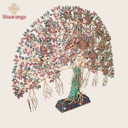 37 Inches Brass Tree of Life with Multicolour Gemstone Leaves & Birds | Luxury Wall Art Décor