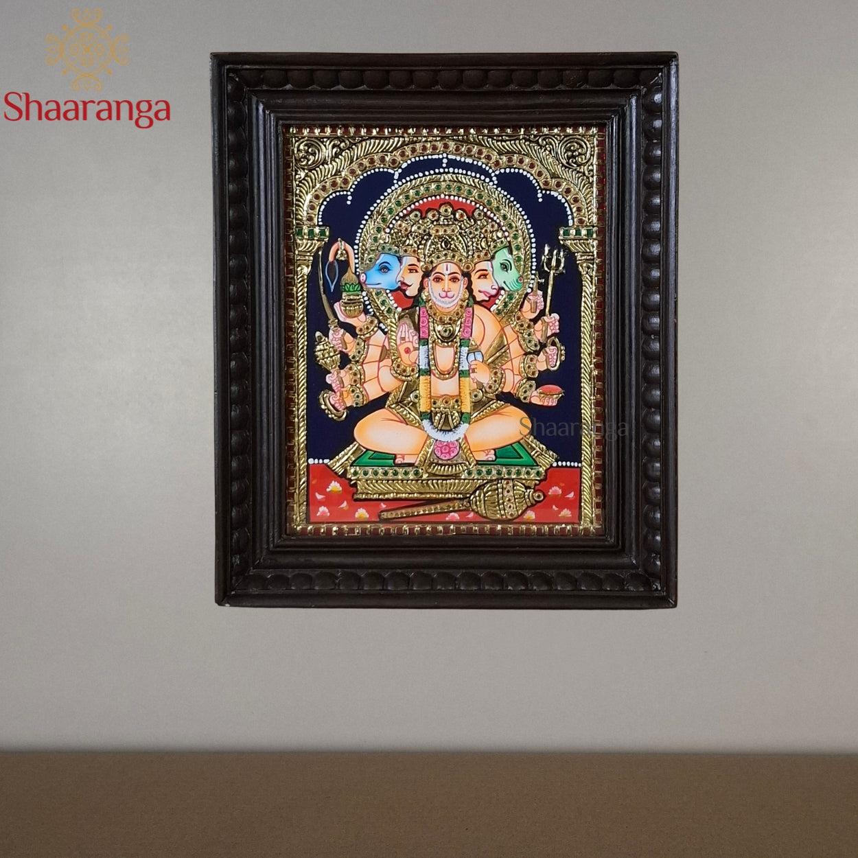 12x10 Inches Panchamukhi Hanuman Tanjore Painting with 22k Gold Work