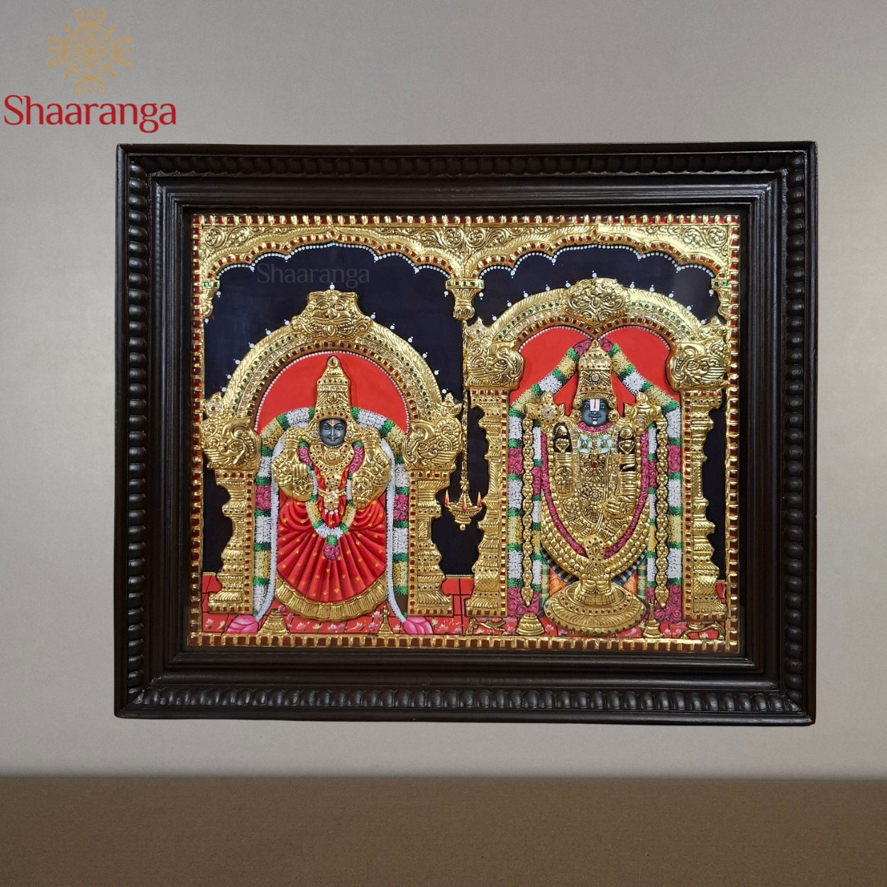 Venkateshwara & Padmavati Tanjore Painting | 19x23 Inches | Semi-Embossed 22K Gold | Shaaranga
