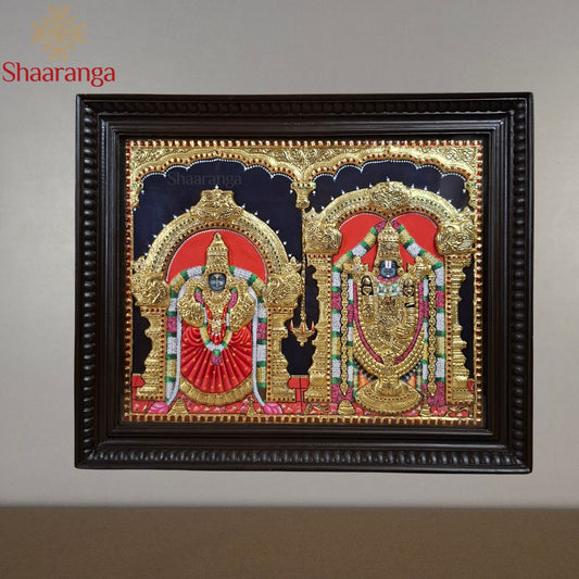 Venkateshwara & Padmavati Tanjore Painting | 19x23 Inches | Semi-Embossed 22K Gold | Shaaranga