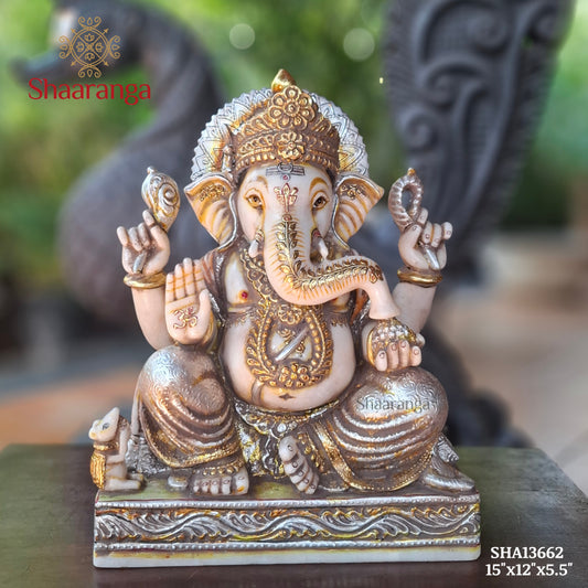 15  Inches Marble Ganesha with semi antique finish