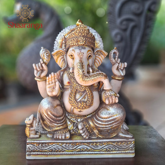 15  Inches Marble Ganesha with semi antique finish