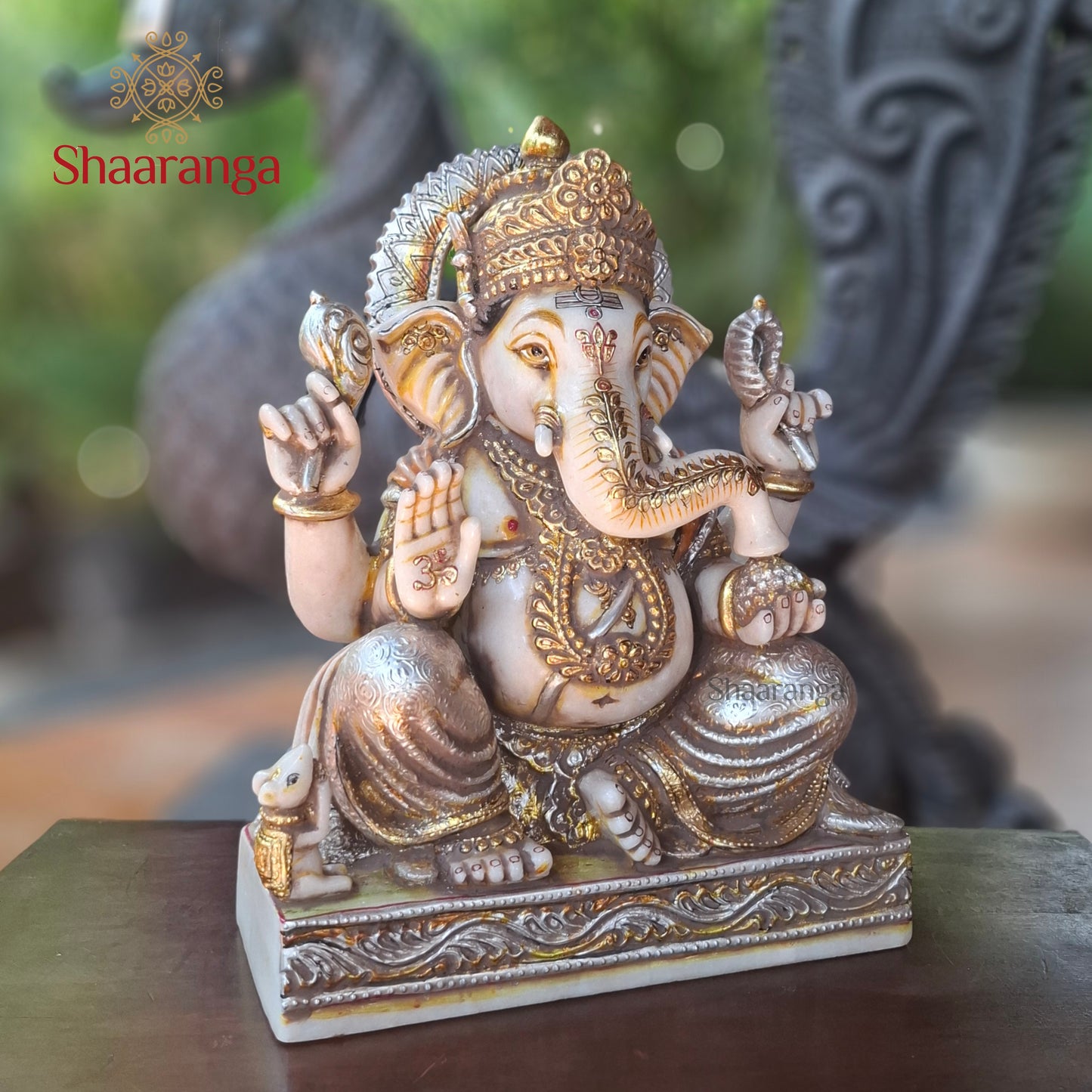 15  Inches Marble Ganesha with semi antique finish