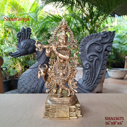 16 Inches Brass Krishna With Cow