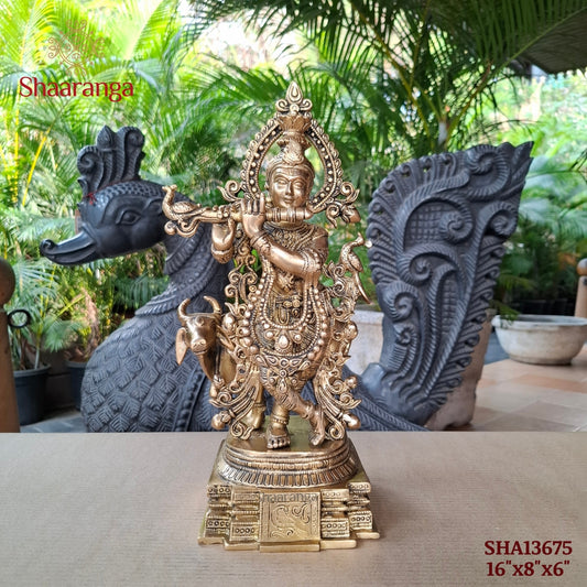 16 Inches Brass Krishna With Cow