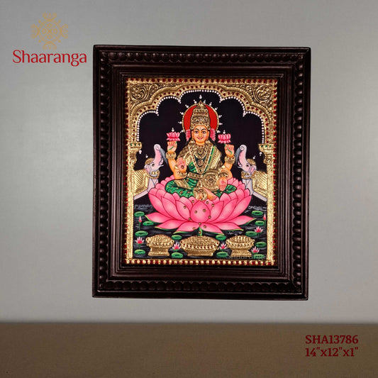 14 × 12 Inches Lakshmi Devi Tanjore Painting with Lotus & Traditional 22K Gold Work