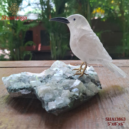 5 Inches Handcrafted Semi-Precious Stone Bird on a Crystal Formation