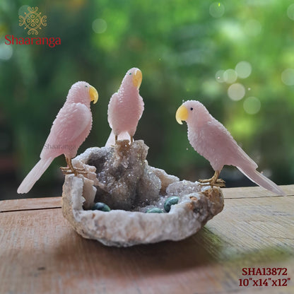 10 Inches Rose Quartz Parrot Family on a Natural Stone Base