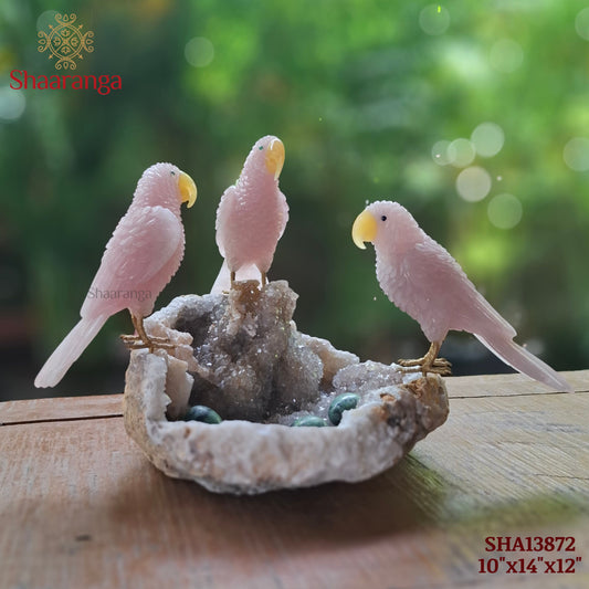 10 Inches Rose Quartz Parrot Family on a Natural Stone Base