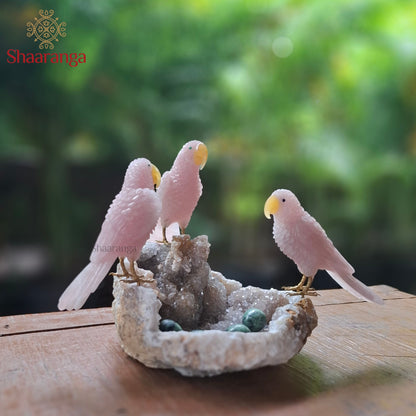 10 Inches Rose Quartz Parrot Family on a Natural Stone Base