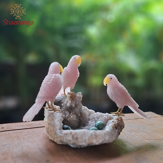 10 Inches Rose Quartz Parrot Family on a Natural Stone Base