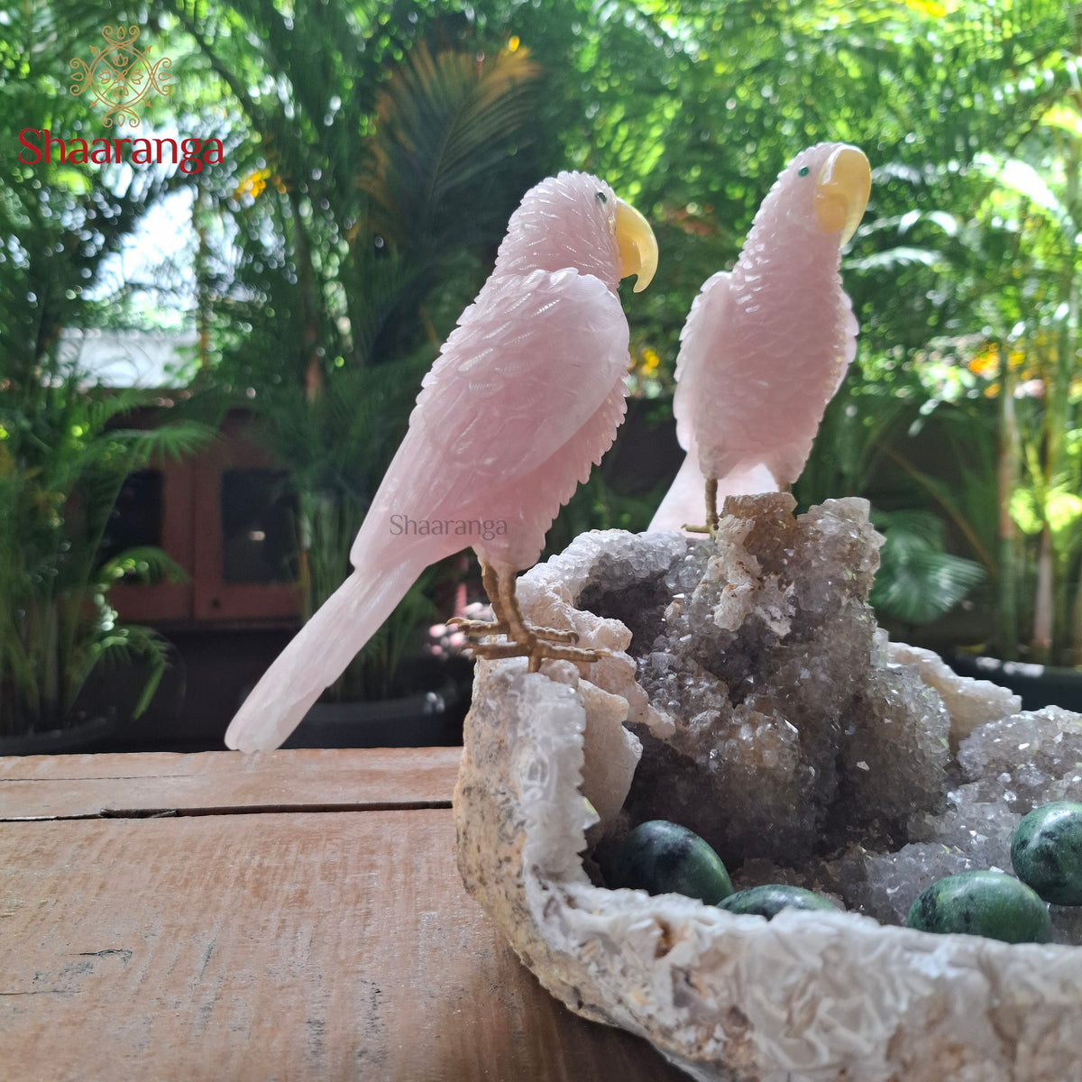 10 Inches Rose Quartz Parrot Family on a Natural Stone Base