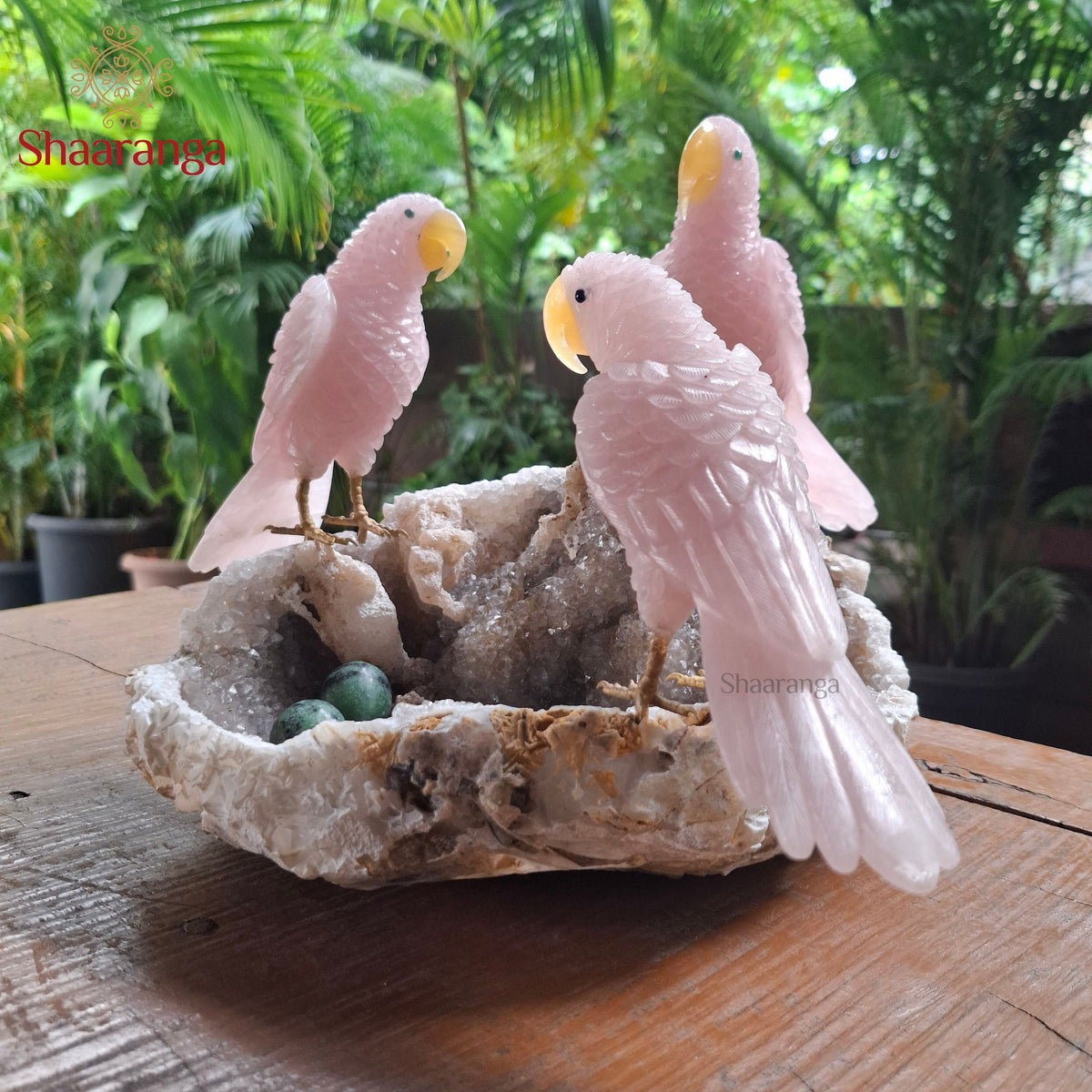 10 Inches Rose Quartz Parrot Family on a Natural Stone Base