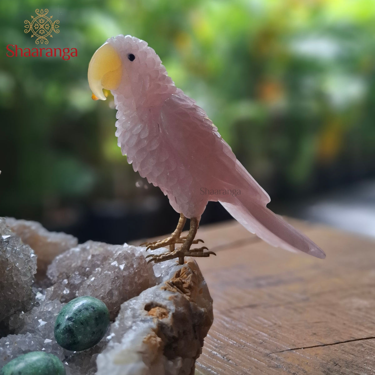 10 Inches Rose Quartz Parrot Family on a Natural Stone Base