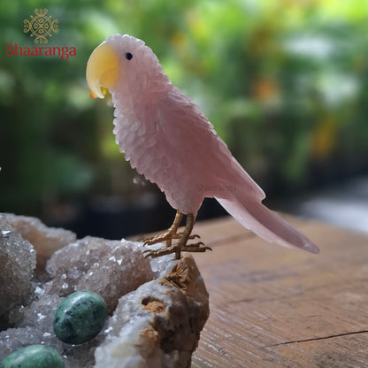10 Inches Rose Quartz Parrot Family on a Natural Stone Base
