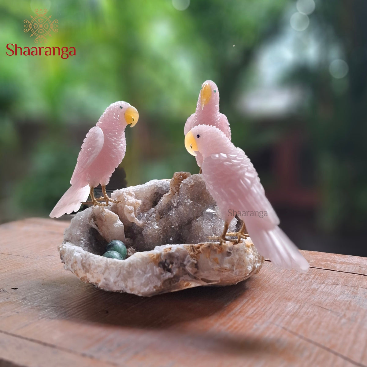 10 Inches Rose Quartz Parrot Family on a Natural Stone Base