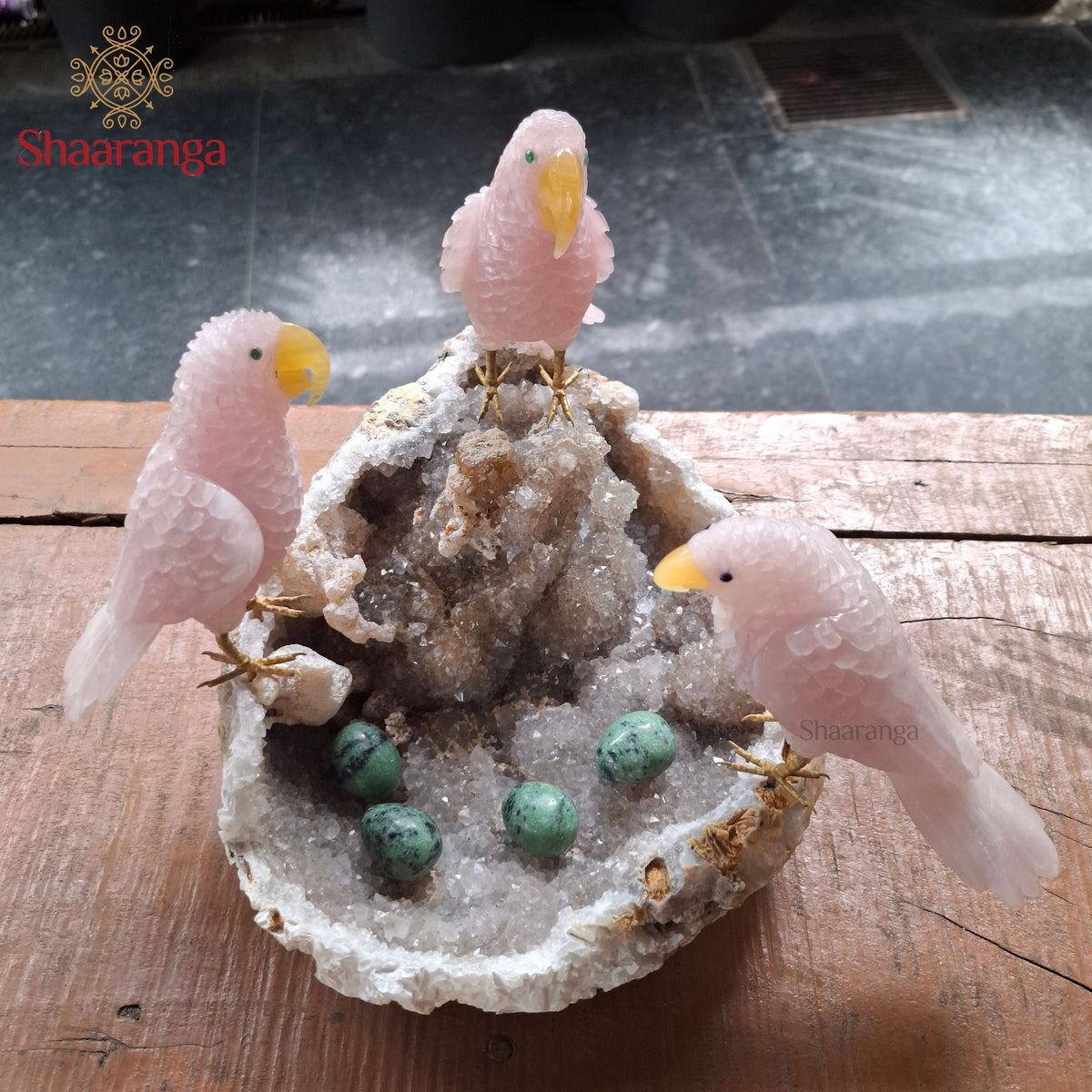 10 Inches Rose Quartz Parrot Family on a Natural Stone Base