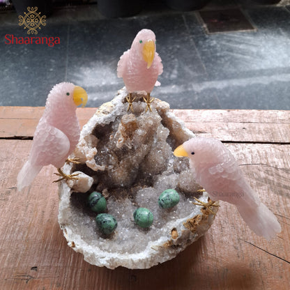 10 Inches Rose Quartz Parrot Family on a Natural Stone Base