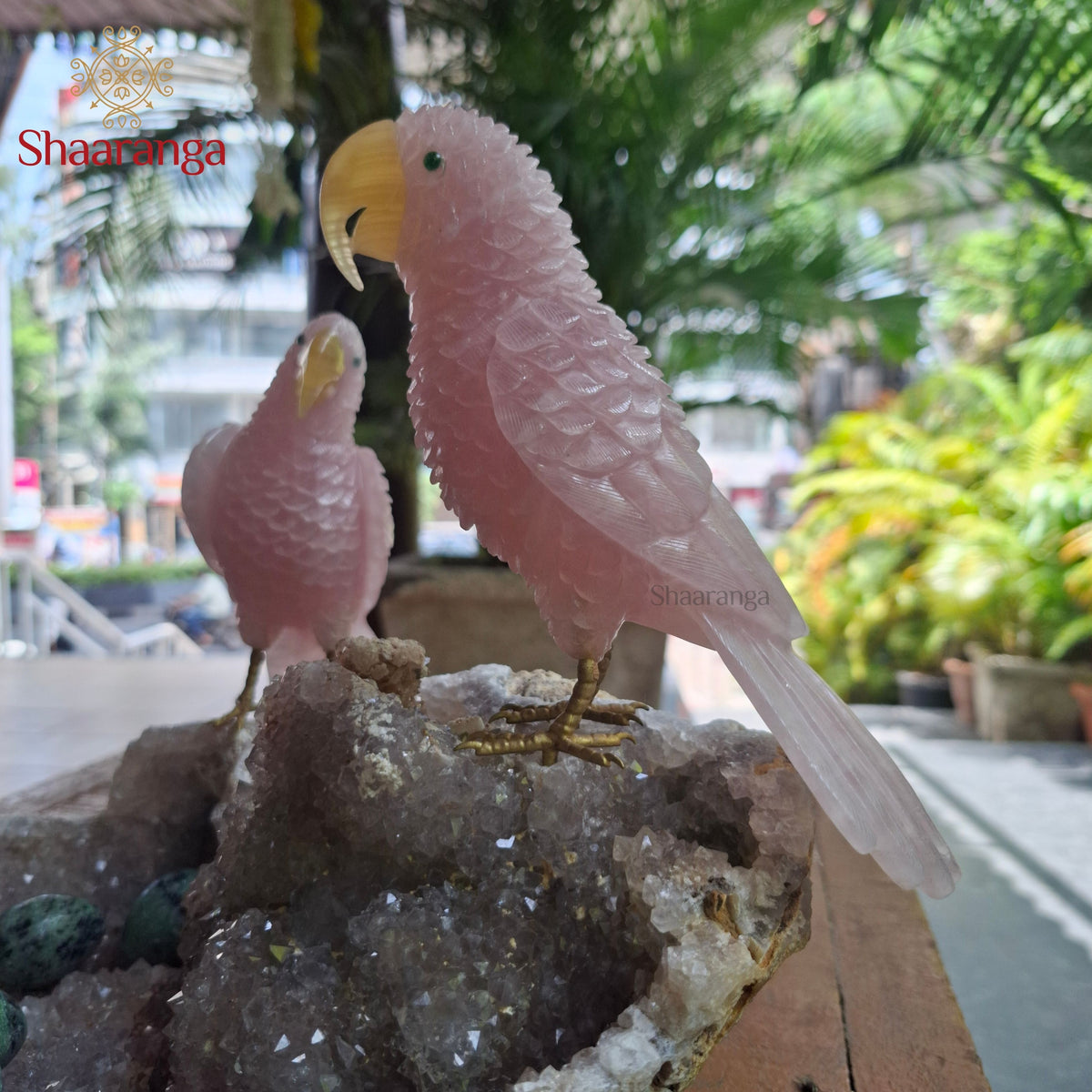 10 Inches Rose Quartz Parrot Family on a Natural Stone Base