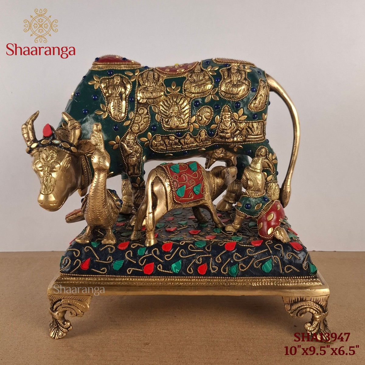 10 Inches Brass Cow & Calf with Bala Krishna and Peacock