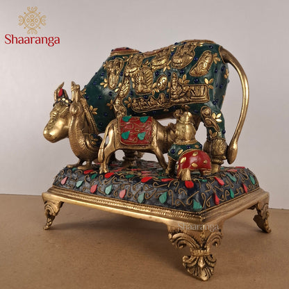10 Inches Brass Cow & Calf with Bala Krishna and Peacock