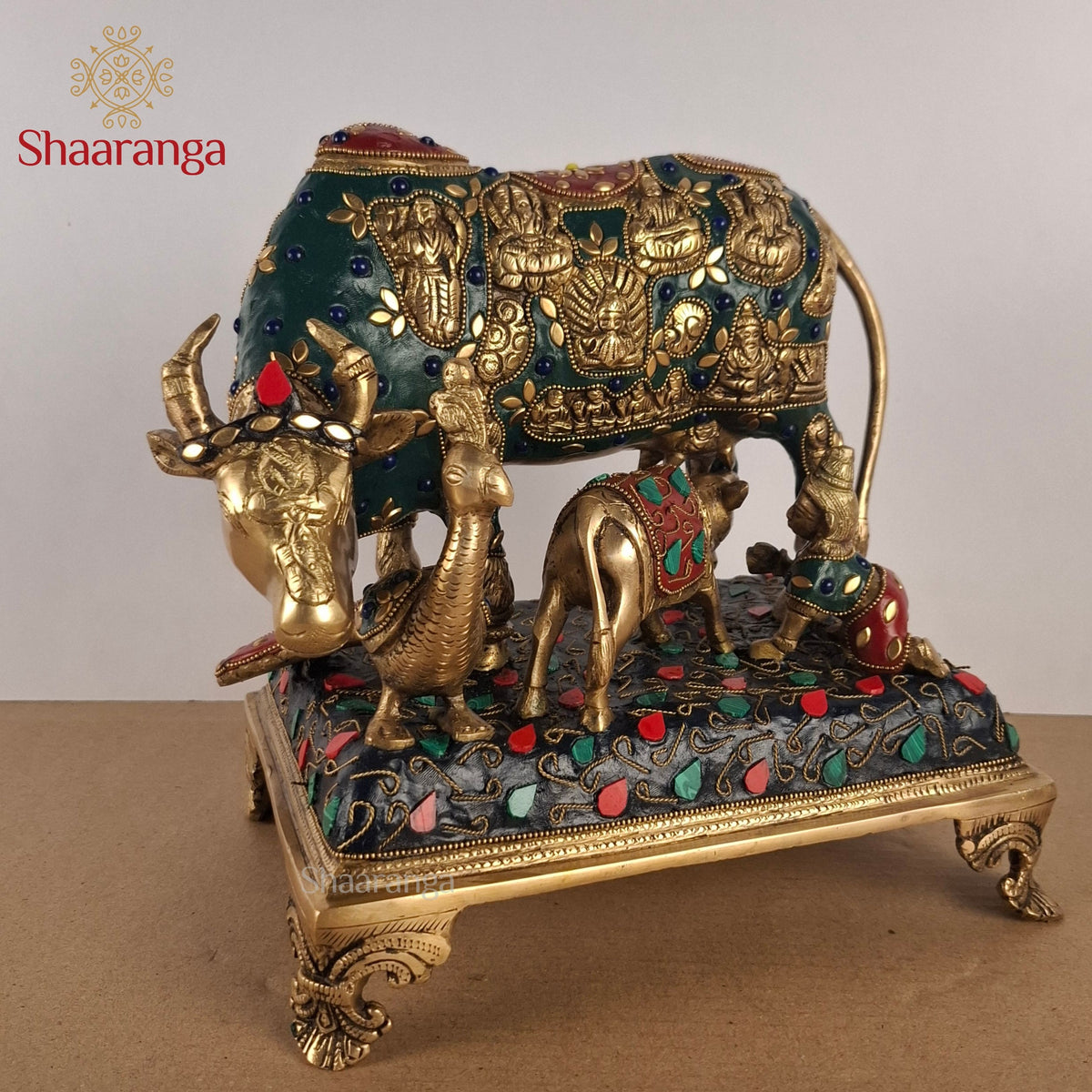 10 Inches Brass Cow & Calf with Bala Krishna and Peacock
