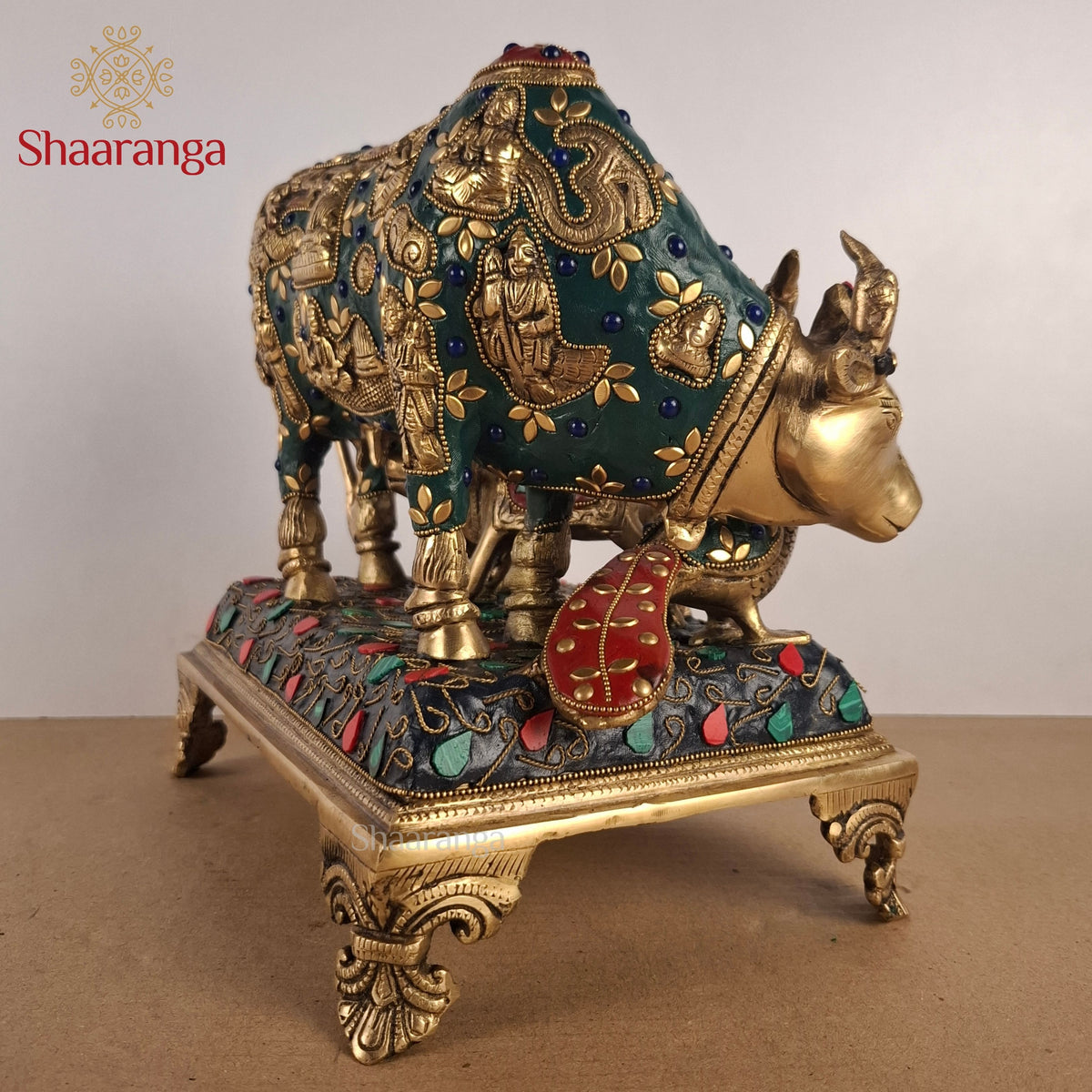 10 Inches Brass Cow & Calf with Bala Krishna and Peacock