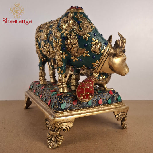 10 Inches Brass Cow & Calf with Bala Krishna and Peacock