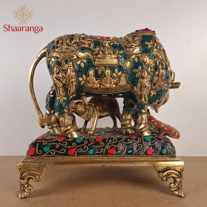 10 Inches Brass Cow & Calf with Bala Krishna and Peacock