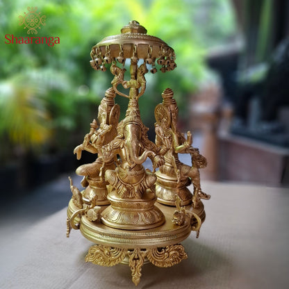 17 Inches Brass Revolving Ganesha Laxmi Devi and Saraswati Devi