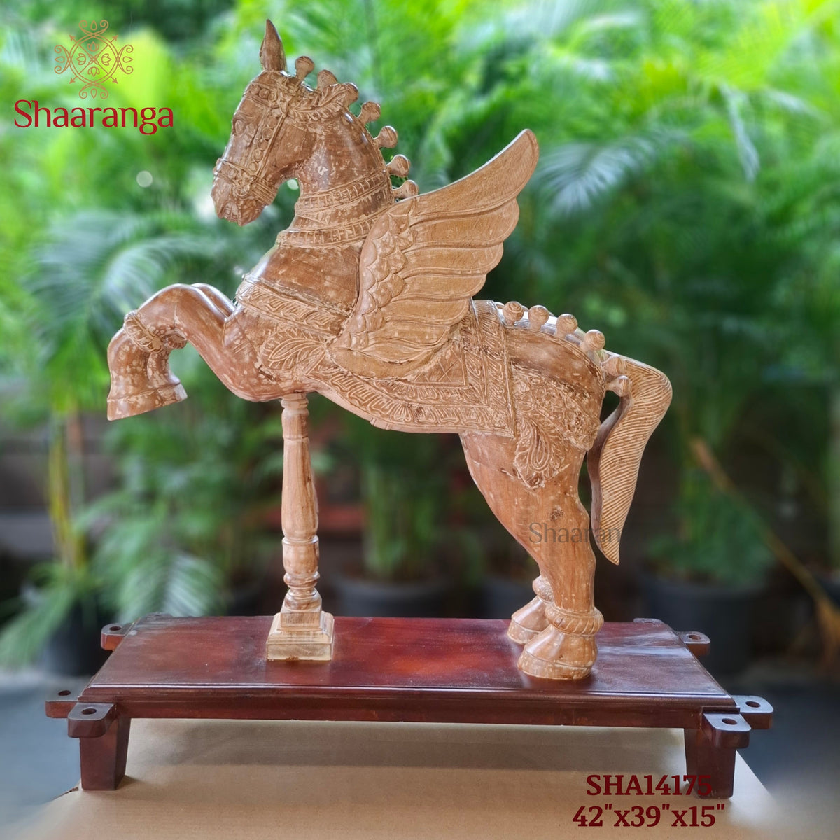 42-Inch South Indian Temple-Inspired Wooden Winged Horse