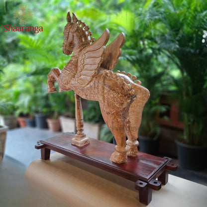 42-Inch South Indian Temple-Inspired Wooden Winged Horse