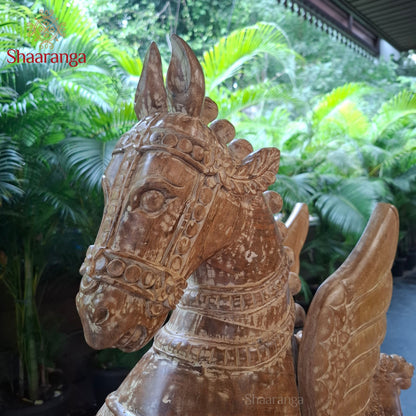 42-Inch South Indian Temple-Inspired Wooden Winged Horse