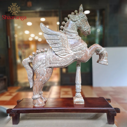 42-Inch South Indian Temple-Inspired Wooden Winged Horse