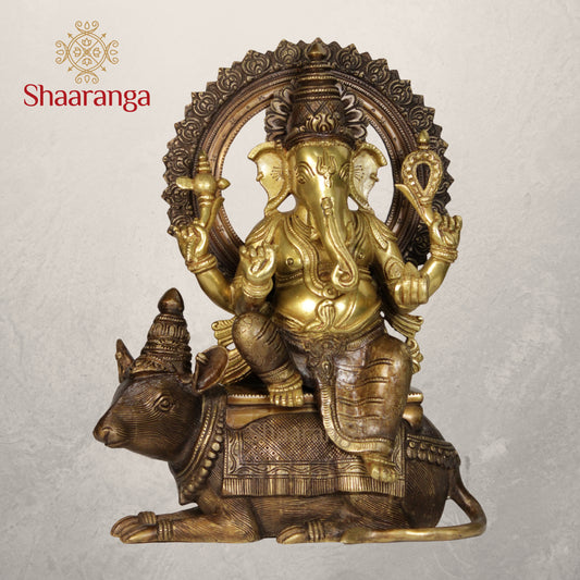 12 Inches Brass Ganesha idol Sitting on Rat in Two Tone finish.