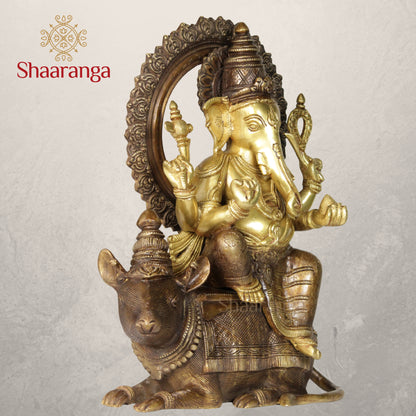 12 Inches Brass Ganesha idol Sitting on Rat in Two Tone finish.
