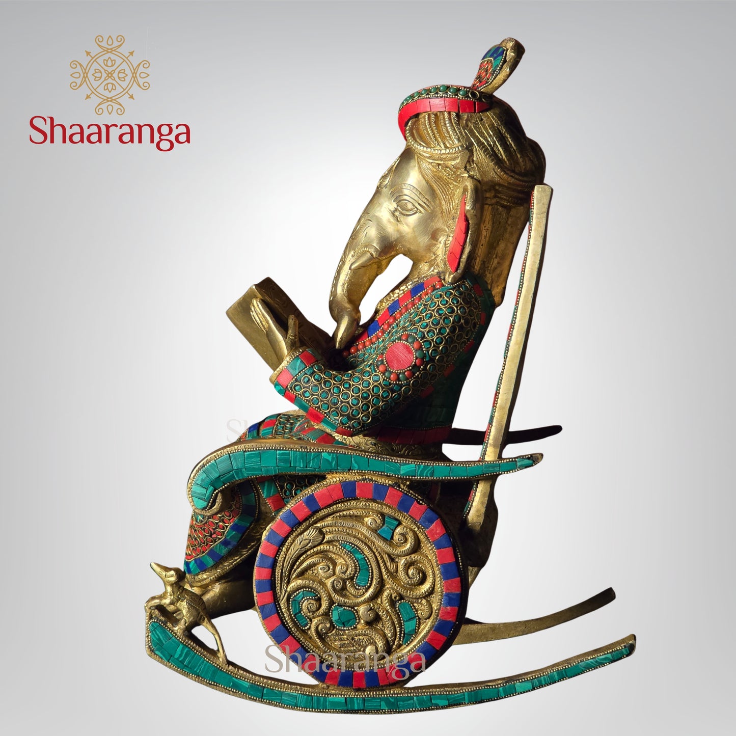 16 Inches Brass Rocking Chair Ganesha Idol with Stone work.